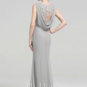 Formal & Evening | Sheath/Column Scoop Floor-Length Chiffon Lace Evening Dress With Pleated Sequins Beading Silver – Womens