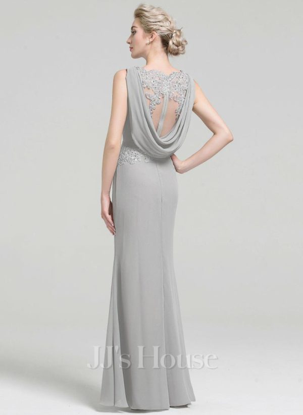 Formal & Evening | Sheath/Column Scoop Floor-Length Chiffon Lace Evening Dress With Pleated Sequins Beading Silver – Womens