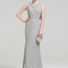 Formal & Evening | Sheath/Column Scoop Floor-Length Chiffon Lace Evening Dress With Pleated Sequins Beading Silver – Womens