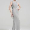 Formal & Evening | Sheath/Column Scoop Floor-Length Chiffon Lace Evening Dress With Pleated Sequins Beading Silver – Womens