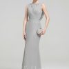 Formal & Evening | Sheath/Column Scoop Floor-Length Chiffon Lace Evening Dress With Pleated Sequins Beading Silver – Womens