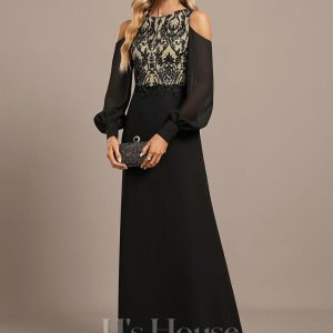 Formal & Evening | Sheath/Column Scoop Floor-Length Lace Chiffon Evening Dress With Sequins Black – Womens