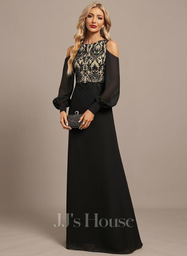 Formal & Evening | Sheath/Column Scoop Floor-Length Lace Chiffon Evening Dress With Sequins Black – Womens