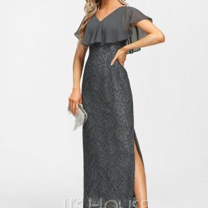 Formal & Evening | Sheath/Column V-Neck Ankle-Length Lace Chiffon Evening Dress Steel Grey – Womens