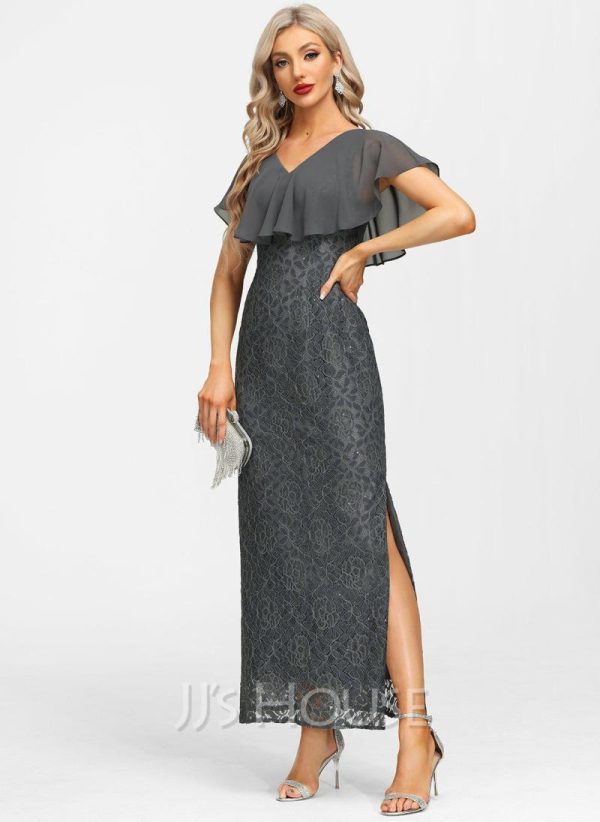 Formal & Evening | Sheath/Column V-Neck Ankle-Length Lace Chiffon Evening Dress Steel Grey – Womens