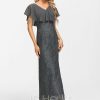 Formal & Evening | Sheath/Column V-Neck Ankle-Length Lace Chiffon Evening Dress Steel Grey – Womens