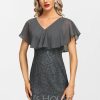 Formal & Evening | Sheath/Column V-Neck Ankle-Length Lace Chiffon Evening Dress Steel Grey – Womens