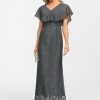 Formal & Evening | Sheath/Column V-Neck Ankle-Length Lace Chiffon Evening Dress Steel Grey – Womens