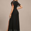 Formal & Evening | Sheath/Column V-Neck Floor-Length Chiffon Evening Dress With Pleated Beading Sequins Black – Womens