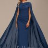 Formal & Evening | Sheath/Column V-Neck Floor-Length Chiffon Evening Dress With Pleated Navy Blue – Womens