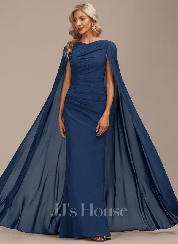 Formal & Evening | Sheath/Column V-Neck Floor-Length Chiffon Evening Dress With Pleated Navy Blue – Womens