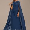 Formal & Evening | Sheath/Column V-Neck Floor-Length Chiffon Evening Dress With Pleated Navy Blue – Womens