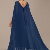 Formal & Evening | Sheath/Column V-Neck Floor-Length Chiffon Evening Dress With Pleated Navy Blue – Womens