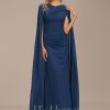 Formal & Evening | Sheath/Column V-Neck Floor-Length Chiffon Evening Dress With Pleated Navy Blue – Womens