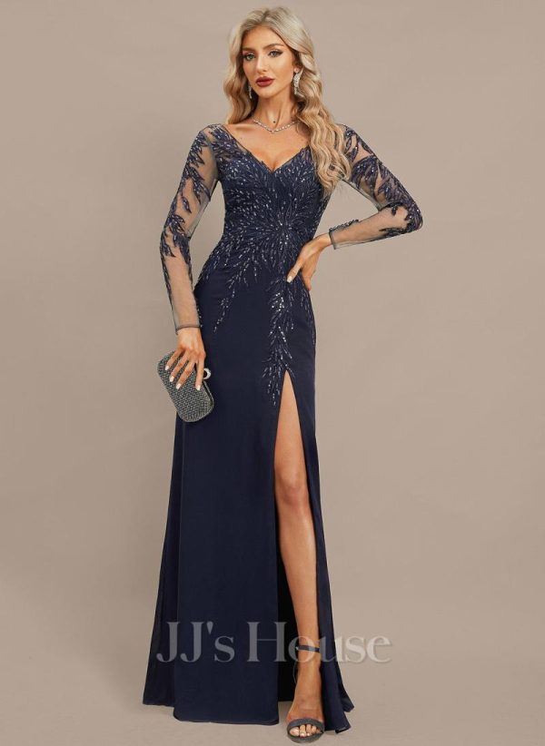 Formal & Evening | Sheath/Column V-Neck Floor-Length Lace Chiffon Evening Dress With Sequins As Picture – Womens