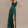 Formal & Evening | Sheath/Column V-Neck Floor-Length Lace Sequin Chiffon Evening Dress With Pleated Dark Green – Womens