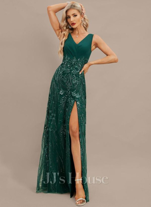 Formal & Evening | Sheath/Column V-Neck Floor-Length Lace Sequin Chiffon Evening Dress With Pleated Dark Green – Womens