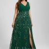 Formal & Evening | Sheath/Column V-Neck Floor-Length Lace Sequin Chiffon Evening Dress With Pleated Dark Green – Womens