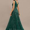 Formal & Evening | Sheath/Column V-Neck Floor-Length Lace Sequin Chiffon Evening Dress With Pleated Dark Green – Womens