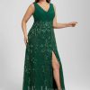 Formal & Evening | Sheath/Column V-Neck Floor-Length Lace Sequin Chiffon Evening Dress With Pleated Dark Green – Womens