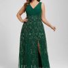 Formal & Evening | Sheath/Column V-Neck Floor-Length Lace Sequin Chiffon Evening Dress With Pleated Dark Green – Womens