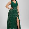 Formal & Evening | Sheath/Column V-Neck Floor-Length Lace Sequin Chiffon Evening Dress With Pleated Dark Green – Womens