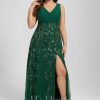 Formal & Evening | Sheath/Column V-Neck Floor-Length Lace Sequin Chiffon Evening Dress With Pleated Dark Green – Womens