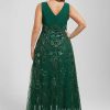 Formal & Evening | Sheath/Column V-Neck Floor-Length Lace Sequin Chiffon Evening Dress With Pleated Dark Green – Womens