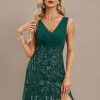 Formal & Evening | Sheath/Column V-Neck Floor-Length Lace Sequin Chiffon Evening Dress With Pleated Dark Green – Womens