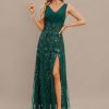 Formal & Evening | Sheath/Column V-Neck Floor-Length Lace Sequin Chiffon Evening Dress With Pleated Dark Green – Womens