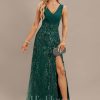 Formal & Evening | Sheath/Column V-Neck Floor-Length Lace Sequin Chiffon Evening Dress With Pleated Dark Green – Womens