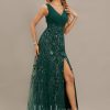 Formal & Evening | Sheath/Column V-Neck Floor-Length Lace Sequin Chiffon Evening Dress With Pleated Dark Green – Womens