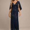 Formal & Evening | Sheath/Column V-Neck Floor-Length Sequin Evening Dress Dark Navy – Womens