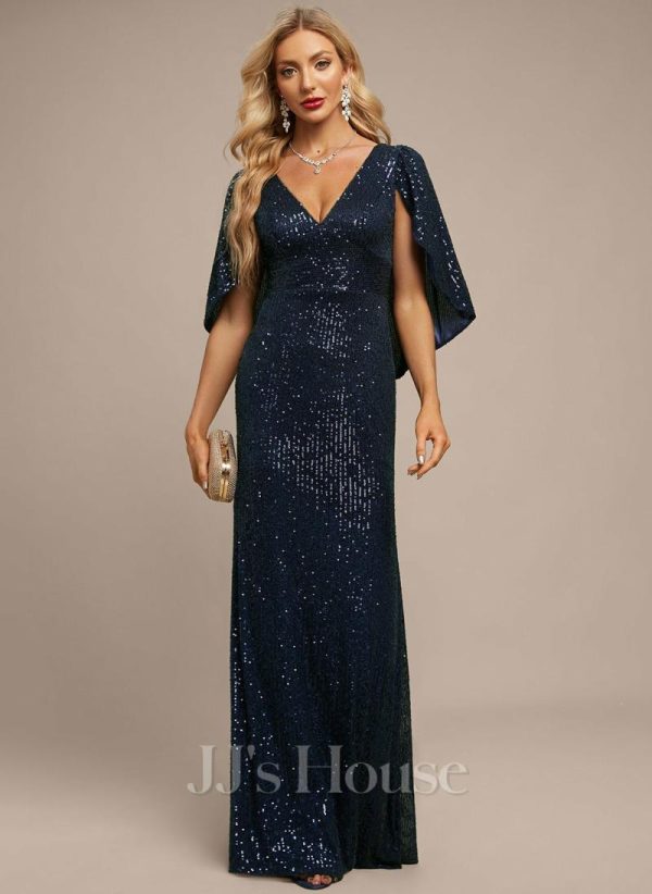 Formal & Evening | Sheath/Column V-Neck Floor-Length Sequin Evening Dress Dark Navy – Womens