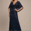 Formal & Evening | Sheath/Column V-Neck Floor-Length Sequin Evening Dress Dark Navy – Womens