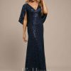 Formal & Evening | Sheath/Column V-Neck Floor-Length Sequin Evening Dress Dark Navy – Womens