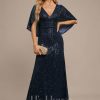 Formal & Evening | Sheath/Column V-Neck Floor-Length Sequin Evening Dress Dark Navy – Womens