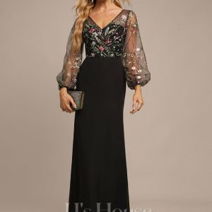 Formal & Evening | Sheath/Column V-Neck Illusion Floor-Length Lace Chiffon Evening Dress Black – Womens