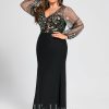 Formal & Evening | Sheath/Column V-Neck Illusion Floor-Length Lace Chiffon Evening Dress Black – Womens