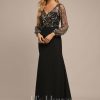 Formal & Evening | Sheath/Column V-Neck Illusion Floor-Length Lace Chiffon Evening Dress Black – Womens