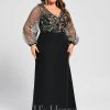 Formal & Evening | Sheath/Column V-Neck Illusion Floor-Length Lace Chiffon Evening Dress Black – Womens