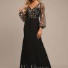 Formal & Evening | Sheath/Column V-Neck Illusion Floor-Length Lace Chiffon Evening Dress Black – Womens