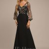 Formal & Evening | Sheath/Column V-Neck Illusion Floor-Length Lace Chiffon Evening Dress Black – Womens