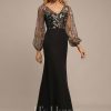 Formal & Evening | Sheath/Column V-Neck Illusion Floor-Length Lace Chiffon Evening Dress Black – Womens