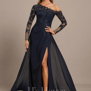 Formal & Evening | Trumpet/Mermaid Asymmetrical Illusion Floor-Length Lace Chiffon Evening Dress With Sequins As Picture – Womens