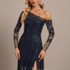 Formal & Evening | Trumpet/Mermaid Asymmetrical Illusion Floor-Length Lace Chiffon Evening Dress With Sequins As Picture – Womens