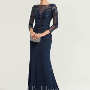 Formal & Evening | Trumpet/Mermaid Boat Neck Illusion Sweep Train Lace Jersey Evening Dress With Sequins Dark Navy – Womens