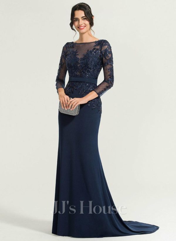 Formal & Evening | Trumpet/Mermaid Boat Neck Illusion Sweep Train Lace Jersey Evening Dress With Sequins Dark Navy – Womens