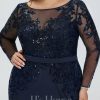 Formal & Evening | Trumpet/Mermaid Boat Neck Illusion Sweep Train Lace Jersey Evening Dress With Sequins Dark Navy – Womens