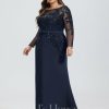 Formal & Evening | Trumpet/Mermaid Boat Neck Illusion Sweep Train Lace Jersey Evening Dress With Sequins Dark Navy – Womens